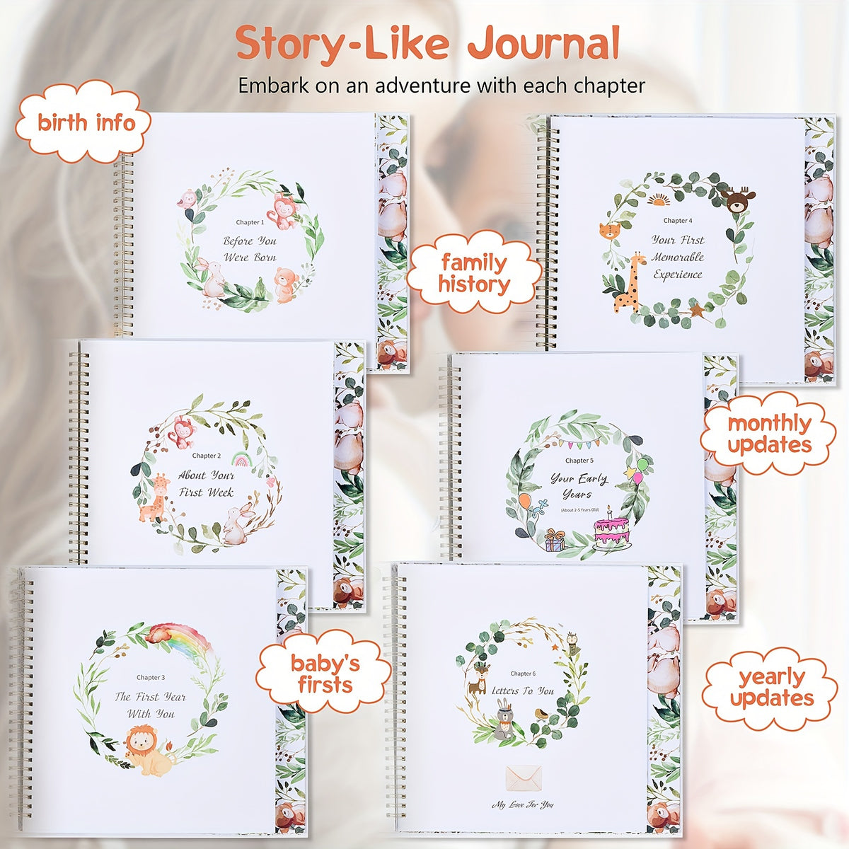 Baby Memory Book for First 5 Years, 124-Page Gender-Neutral Woodland Milestone Journal with Photo Spaces, Gold Foil Cover and Lay-Flat Binding