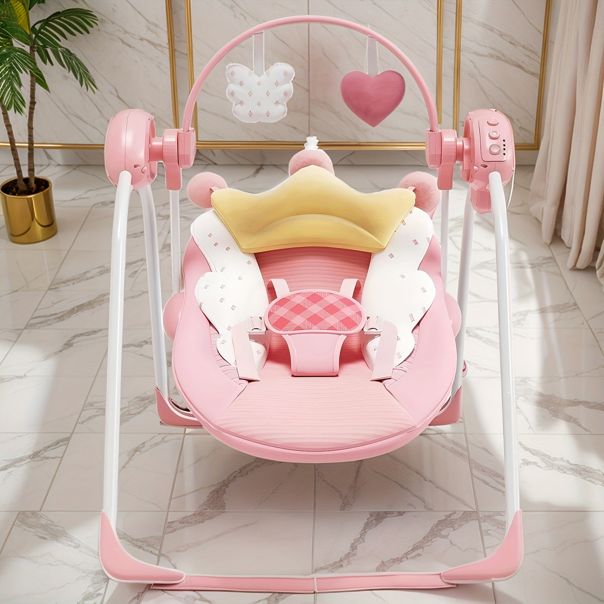 Foldable Baby Swing with Adjustable Speed and Timer, Green or Pink Infant Seat with Hanging Toy Arch for Supervised Awake Use, Up to 20 lbs