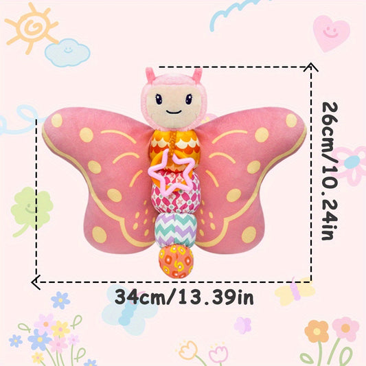 Butterfly Sensory Toy for Baby, Pink Musical Plush Animal with Hanging Ring, Squeaker, Rattle and Textured Wings for Supervised Tummy Time