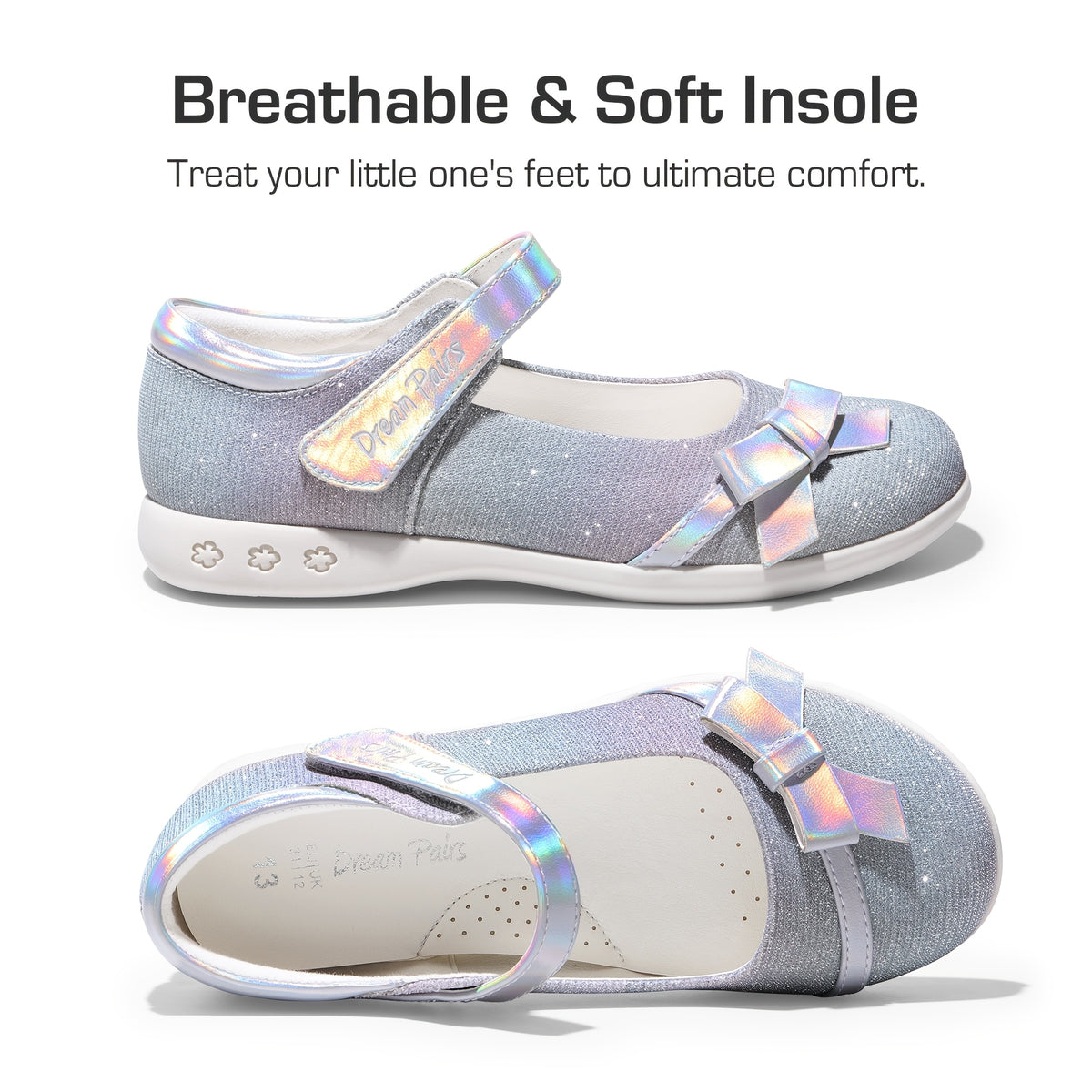 Girls Black School Uniform Mary Jane Shoes with Bow, Hook-and-Loop Strap and Cushioned Latex Insole, Round-Toe Dress Flats for Little Kid and Big Kid Events
