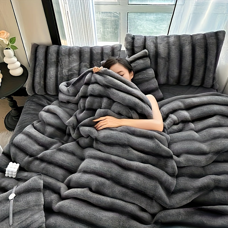 Striped Faux Rabbit Fur Throw Blanket with Flannel Back, Double-Sided Sofa and Bed Cover in Throw, Twin XL, Queen or King Sizes and Multiple Colors
