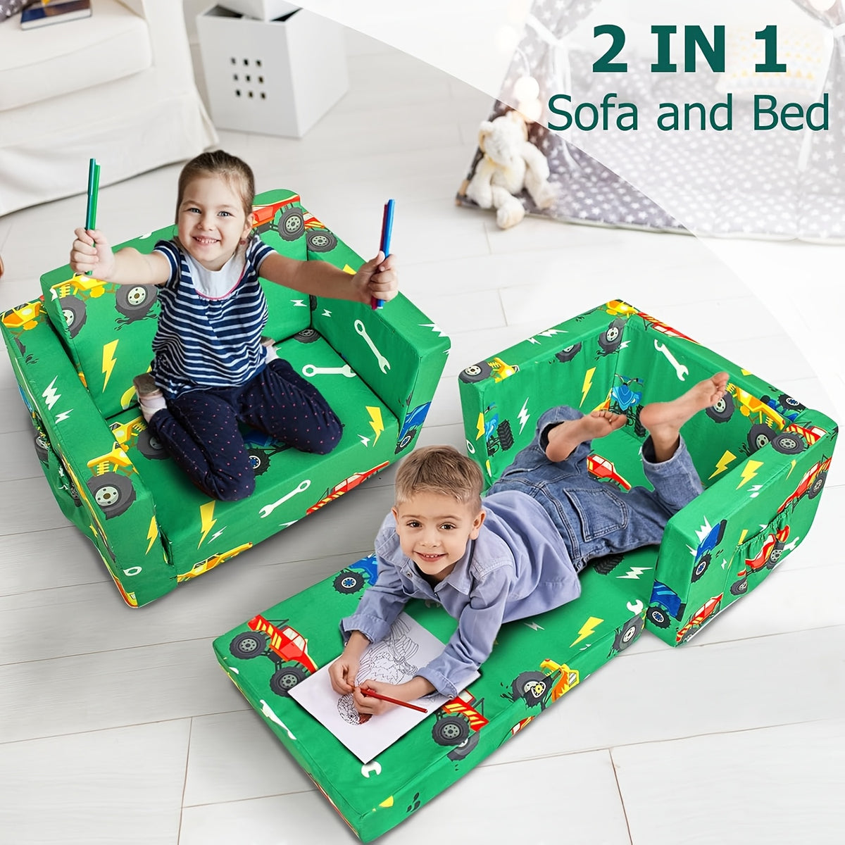 Convertible Kids Sofa Bed, 2-in-1 Fold-Out Toddler Couch and Lounge Chair with Removable Washable Cover for Reading and Playroom Relaxing
