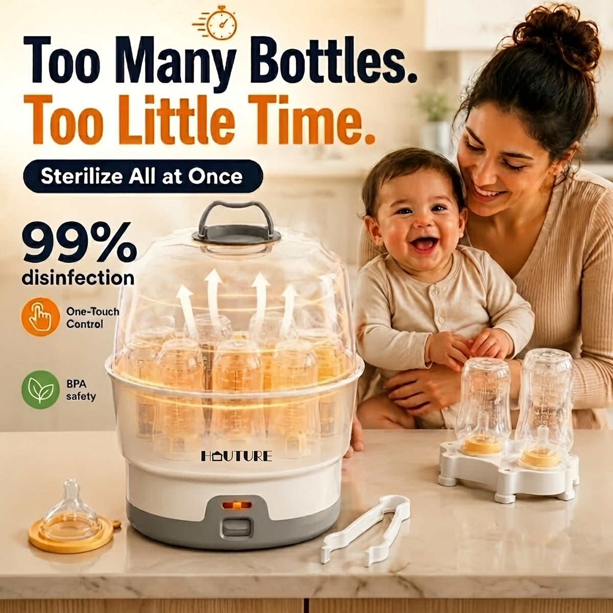 One-Button Baby Bottle Steam Sterilizer, BPA-Free White Countertop Sanitizer with Accessory Rack and Auto Shut-Off for Compatible Feeding Parts