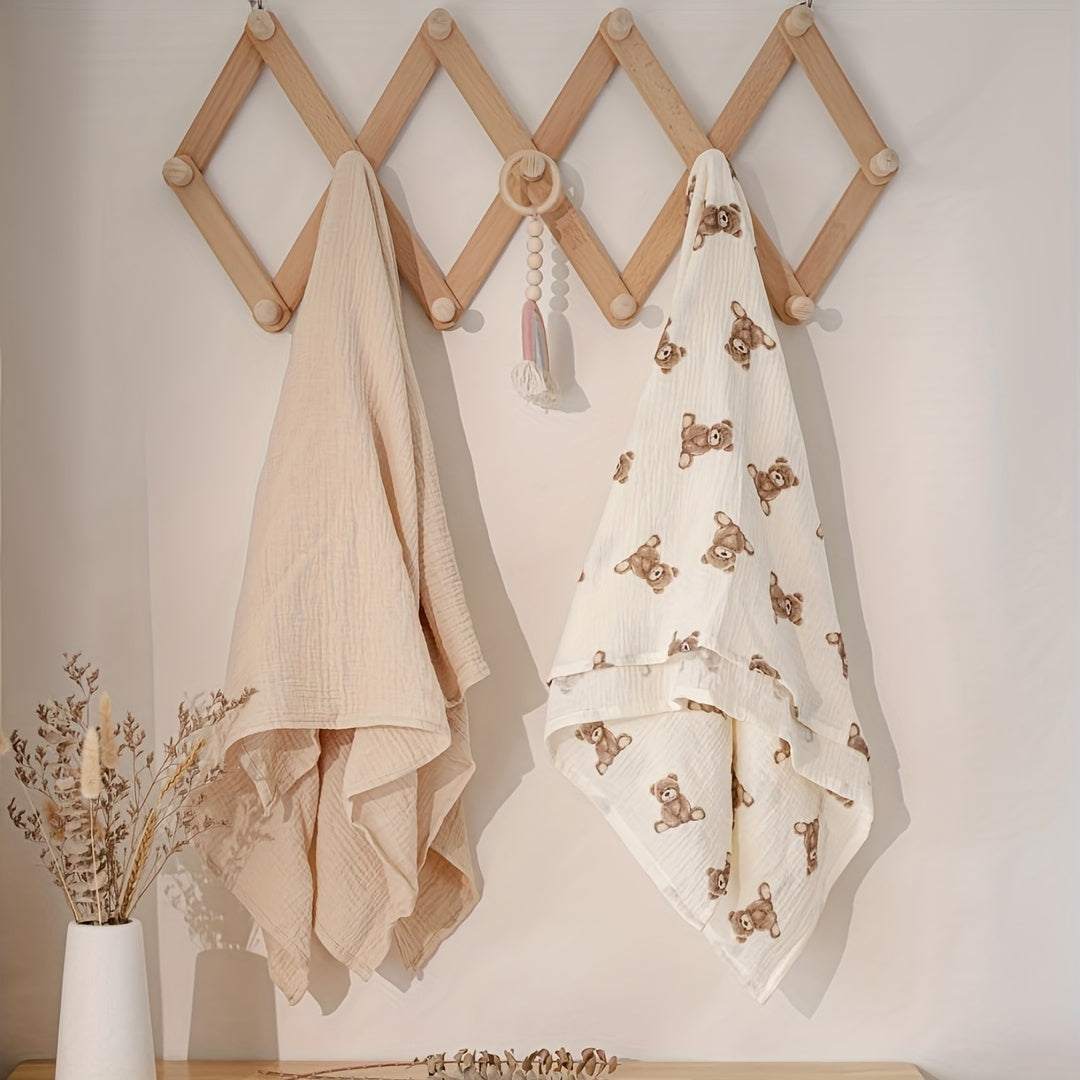 Teddy Bear Muslin Swaddle Blankets 2-Pack, 40 x 40 Inch Neutral Baby Receiving Blankets for Newborn Boys and Girls, Boho Nursery Gift Set