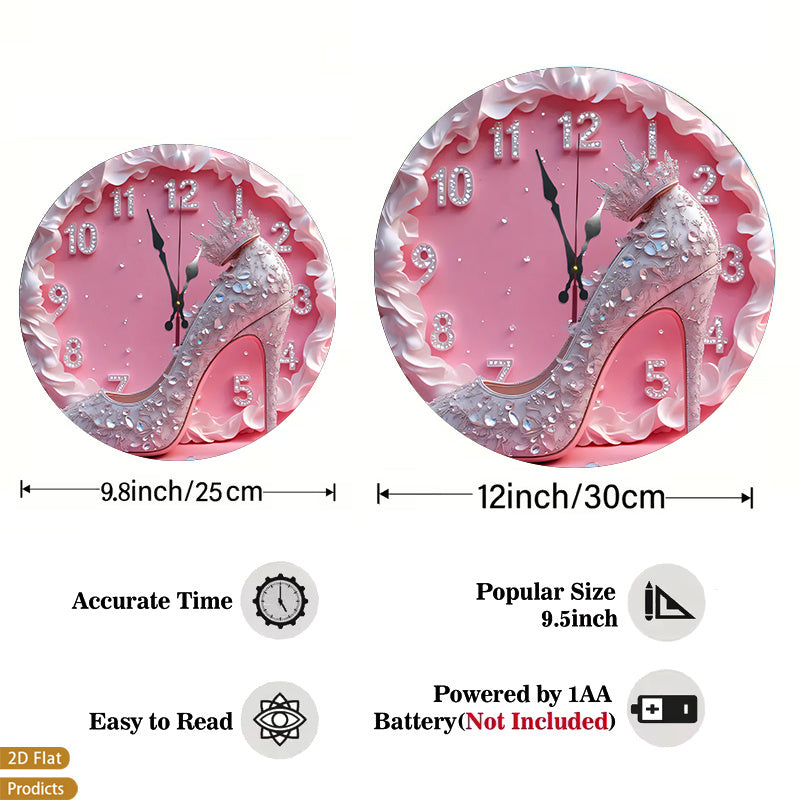 High Heel Shoe Wall Clock 12 Inch, Silent Non-Ticking Round 2D Flat Decorative Clock with Wood Frame for Bedroom or Dressing Room