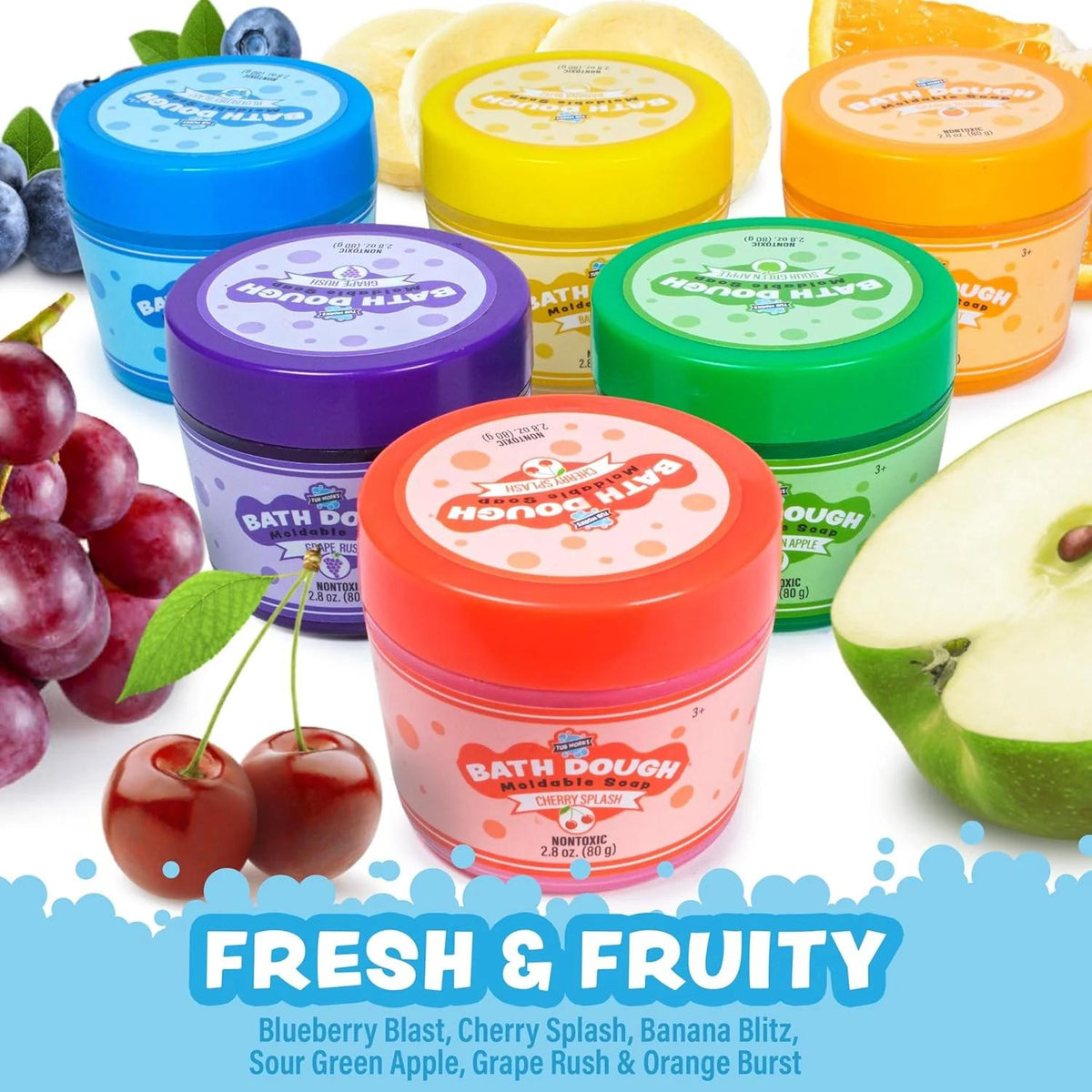 Moldable Kids Bath Soap Dough 6-Pack by Tub Works, Fruity-Scented Colorful Sensory Bath-Time Play with Shea Butter for Ages 3+