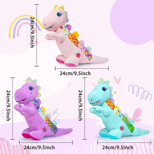 Dinosaur Sensory Toy for Baby, Musical Plush Rattle with Crinkle Paper, Squeaker and Textured Details in Pink, Blue or Purple for Playtime