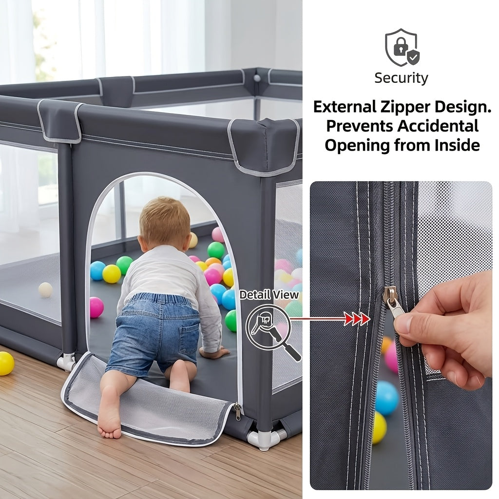 Baby Playpen Fence with Soft Breathable Mesh, Indoor Outdoor Kids Activity Enclosure in Gray or Beige with Size and Mat Bundle Options