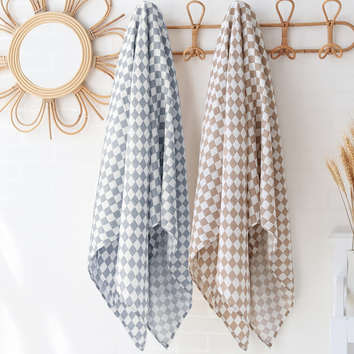 Checkered Muslin Baby Blankets, 2-Pack Ultra-Soft 40 x 40 Inch Blankets for Newborns and Toddlers, Blue & Coffee Nursery Gift Set