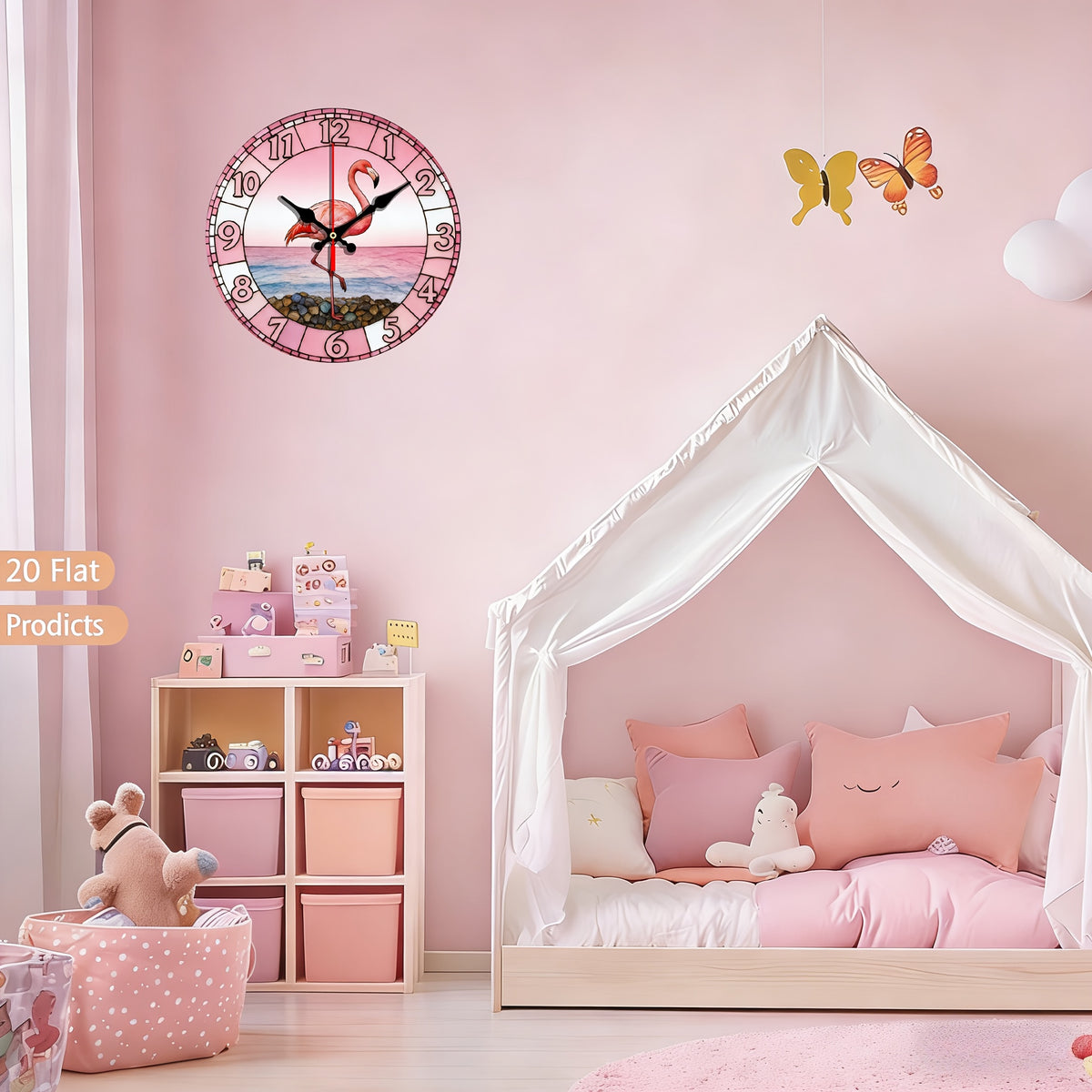 Flamingo Nursery Wall Clock 10 Inch with Pink Sunset Beach Print, Silent Non-Ticking 2D Flat Round Clock for Coastal Kids Room Decor