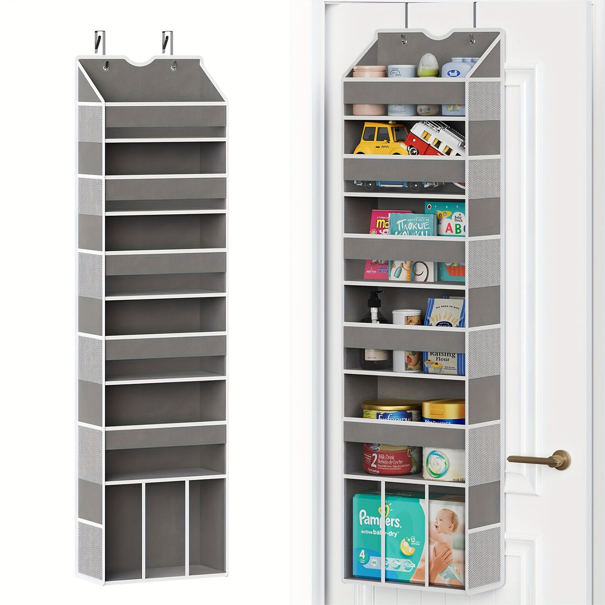 18-Pocket Hanging Door Organizer for Nursery Storage, 6-Shelf Swing-Proof Over Door Organizer, Clear Front and Side Pockets, Holds Up to 50LB, No-Drill Closet Bedroom Bathroom Storage