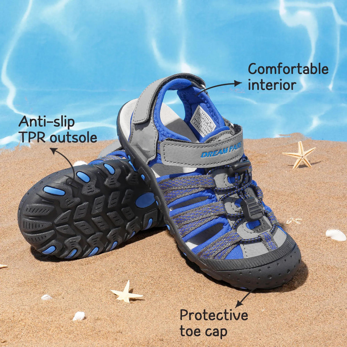 Closed Toe Kids Sport Sandals with Adjustable Straps, Breathable Water-Friendly Hiking and Beach Shoes for Toddlers, Little Kids and Big Kids