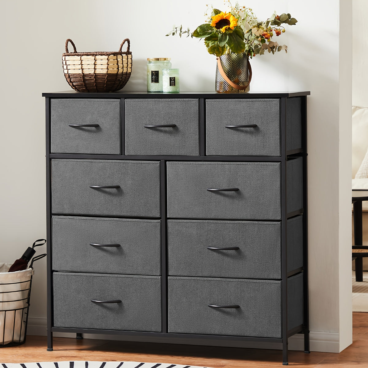 Fabric Drawer Dresser for Bedroom Storage with Metal Frame and Wood Tabletop, 9 or 10 Drawer Closet Organizer Tower for Clothes, Living Room or Entryway