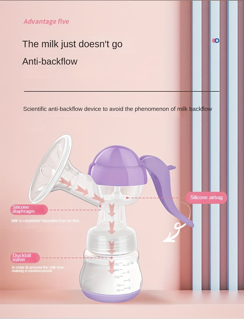 Manual Breast Pump with 5.07 oz Collection Bottle, Portable Hand-Operated Milk Expression Pump with Lever Handle in Purple or White for Nursing Moms