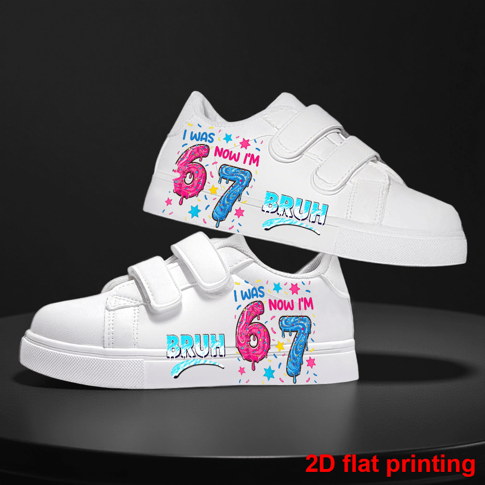 Kids Birthday Sneakers with I Was 6 Now I'm 7 Print, White Low-Top Triple-Strap Cartoon Shoes for Boys and Girls, Party Outfits and Everyday Casual Wear