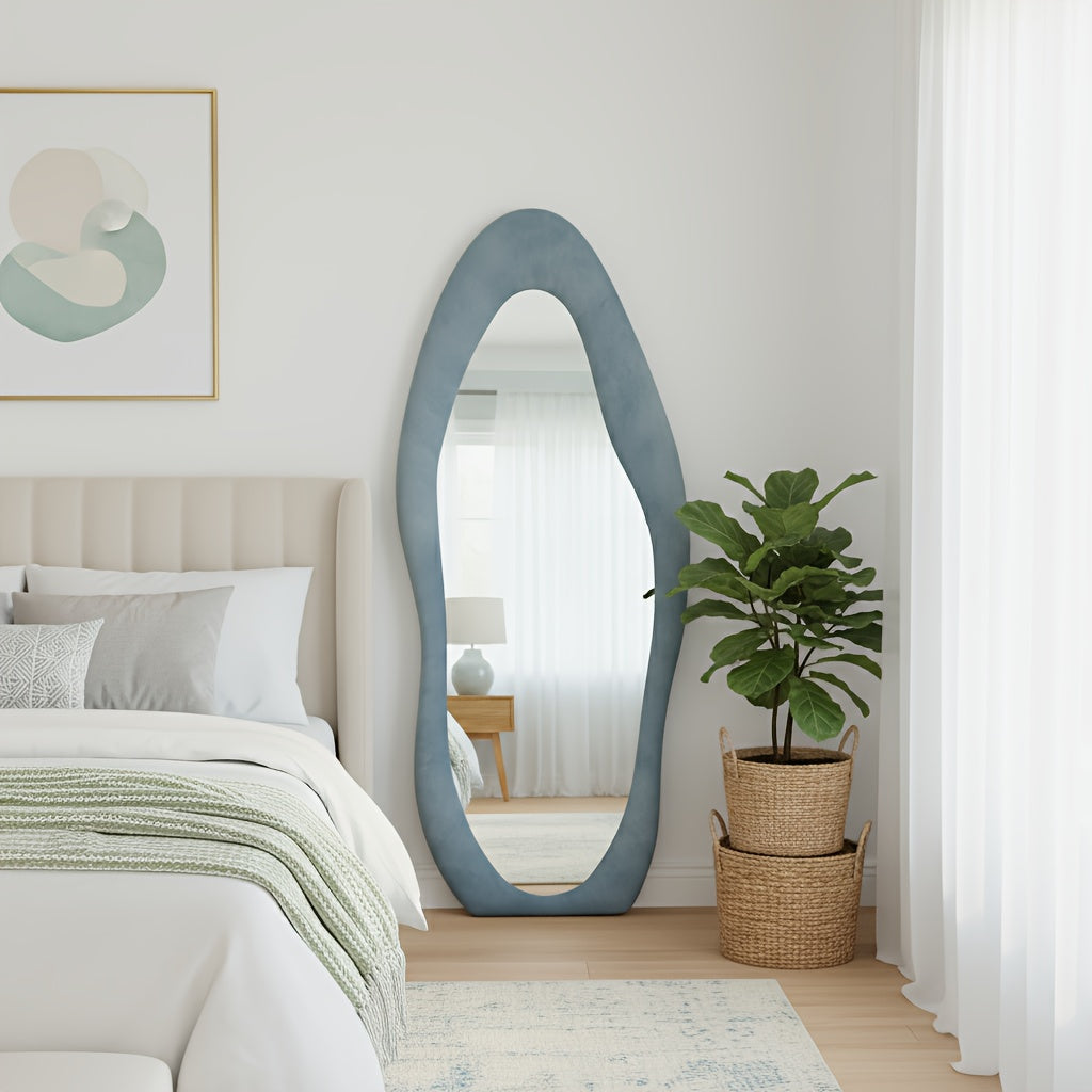 Full Length Mirror with Irregular Velvet Frame and Rounded Corners, Decorative Floor Mirror for Kids Room or Nursery in Six Colors
