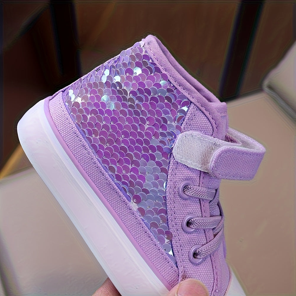 Purple Sequin High-Top Sneakers for Girls with Hook-and-Loop Closure, Lightweight Canvas-Style Casual Shoes for Toddler to Big Kid Everyday Outfits