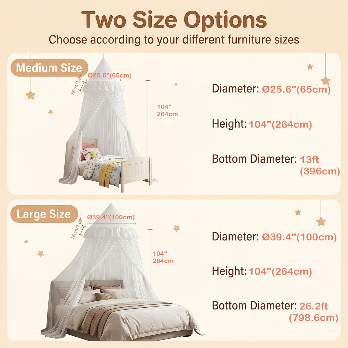 Princess Bed Canopy Tent with Star Night Light, Hammock Style Kids Bed Curtain Dome Mosquito Net, Double Layer Dustproof Breathable Reading Nook Drape for Toddler and Adult Beds, Machine Washable, White Pink Purple