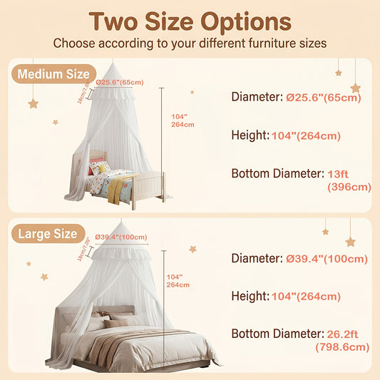 Princess Bed Canopy Tent with Star Night Light, Hammock Style Kids Bed Curtain Dome Mosquito Net, Double Layer Dustproof Breathable Reading Nook Drape for Toddler and Adult Beds, Machine Washable, White Pink Purple