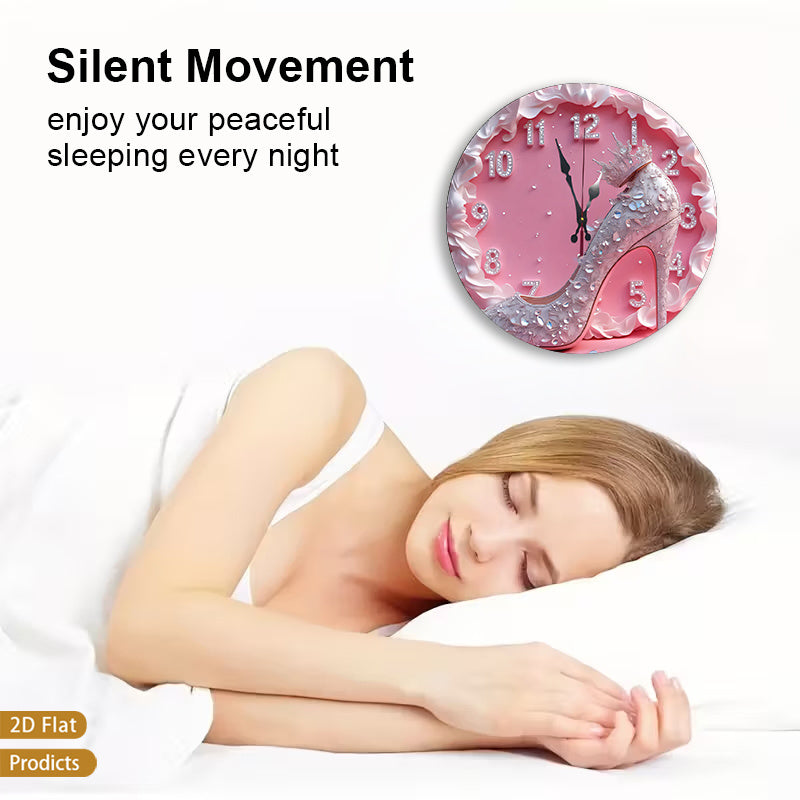 High Heel Shoe Wall Clock 12 Inch, Silent Non-Ticking Round 2D Flat Decorative Clock with Wood Frame for Bedroom or Dressing Room