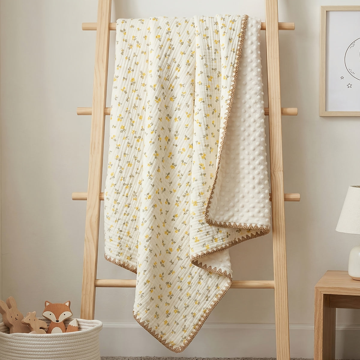 Double-Layer Baby Blanket with Cotton Gauze and Minky Dot Backing, 39.37 x 39.37 Inch Newborn Wrap in Bear, Rabbit and Dinosaur Prints