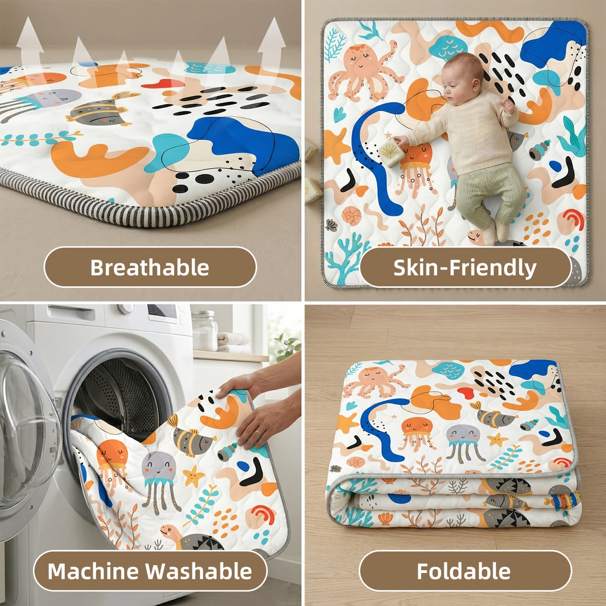 Foldable 50-Inch Baby Crawling Mat with Soft Padding, Machine-Washable Boho Playpen Floor Mat for Infants and Toddlers at Home