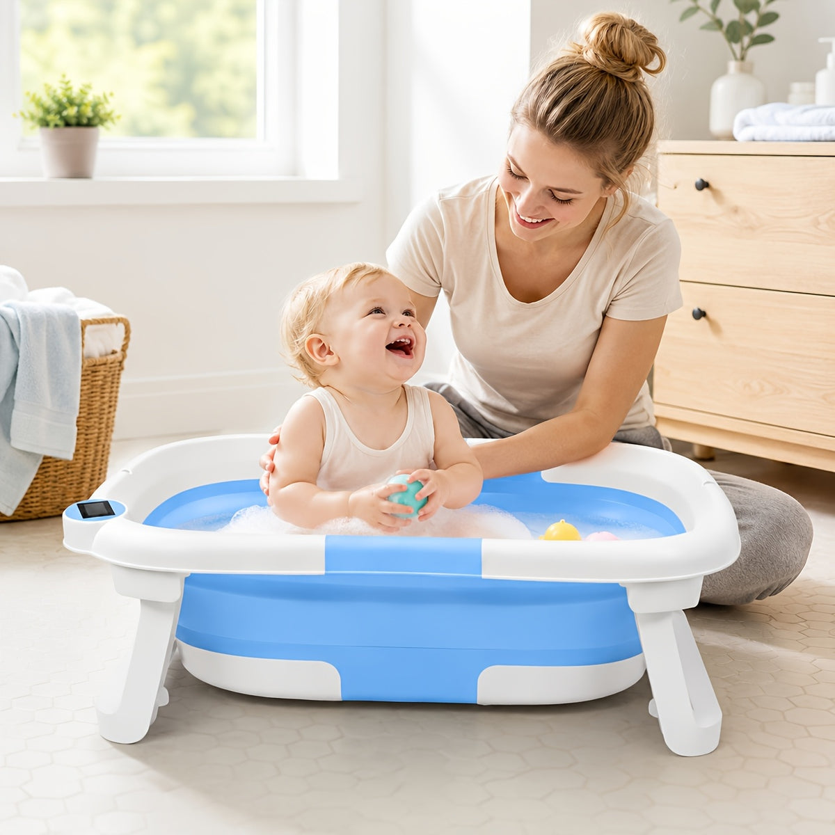 Space-Saving Baby Bath Tub with Soft Cushion and Thermometer, Foldable Portable Bathtub for Supervised Bath Time at Home and Travel