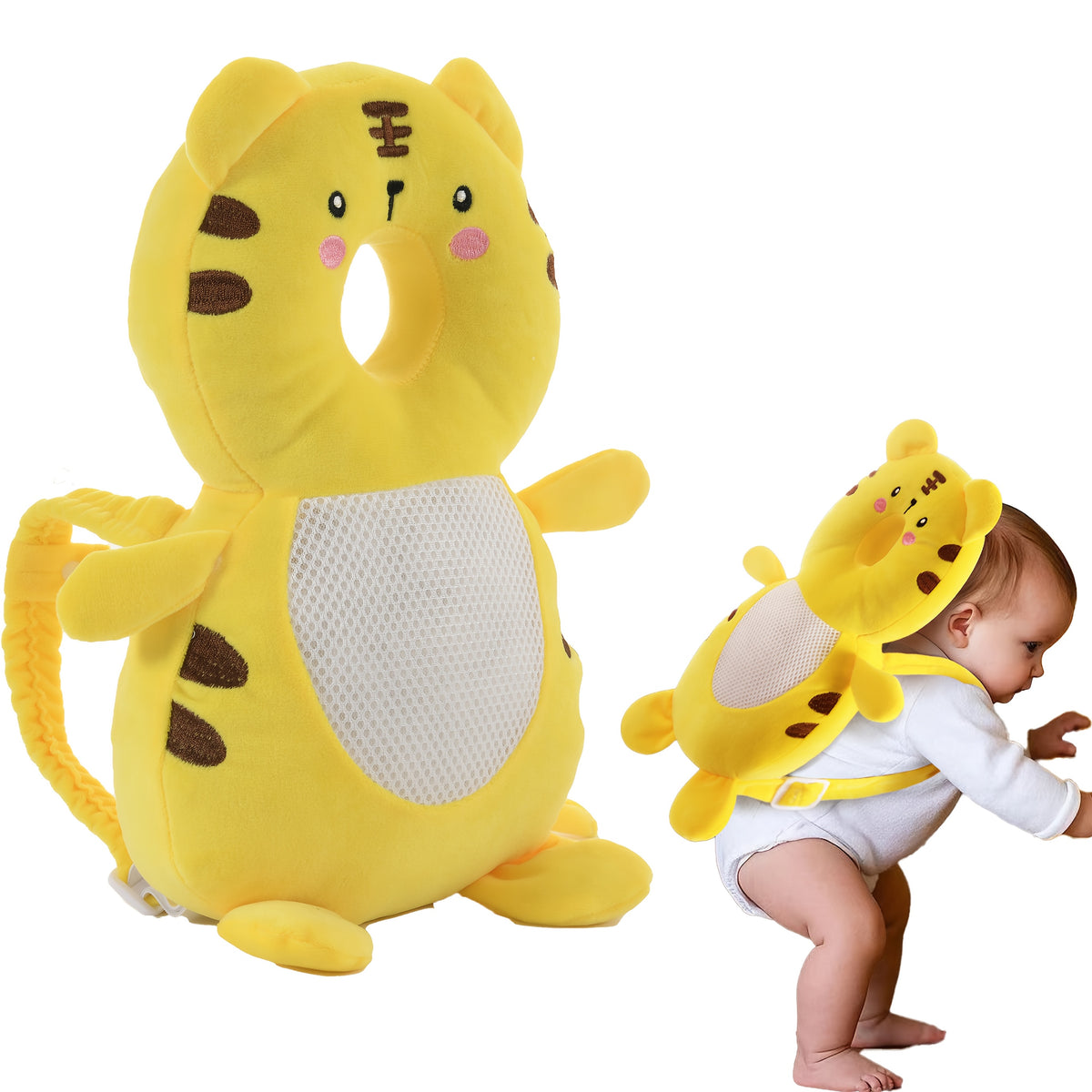 Baby Head Protector Backpack with Plush Animal Cushion, Adjustable Toddler Walking and Crawling Back Pad in Dinosaur, Duck, Tiger, Astronaut or Bunny