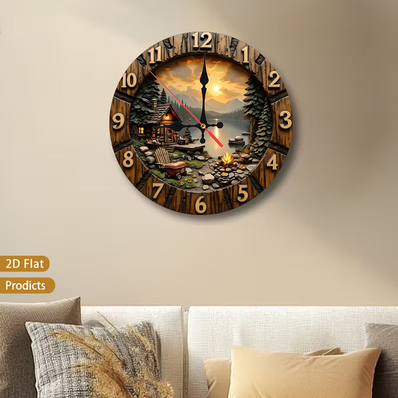 Mountain Cabin Campfire Nursery Wall Clock, Silent Non-Ticking Battery-Powered Decor for Baby Room, Bedroom, Kitchen or Living Room