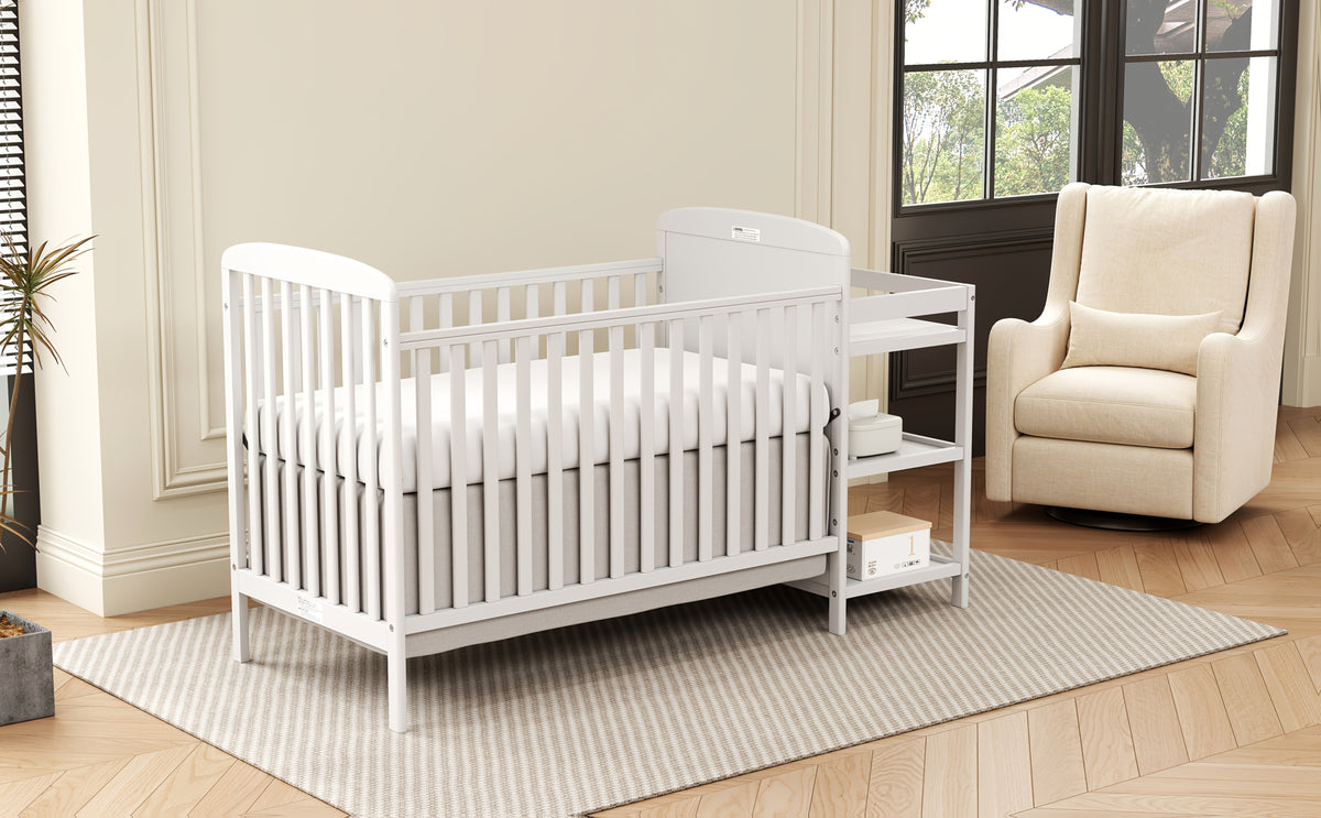 Baby Crib with Changing Table, Goldzone 4-in-1 Convertible Wooden Nursery Crib with Four Mattress Heights, Two Storage Shelves and Toddler Bed Conversion, White