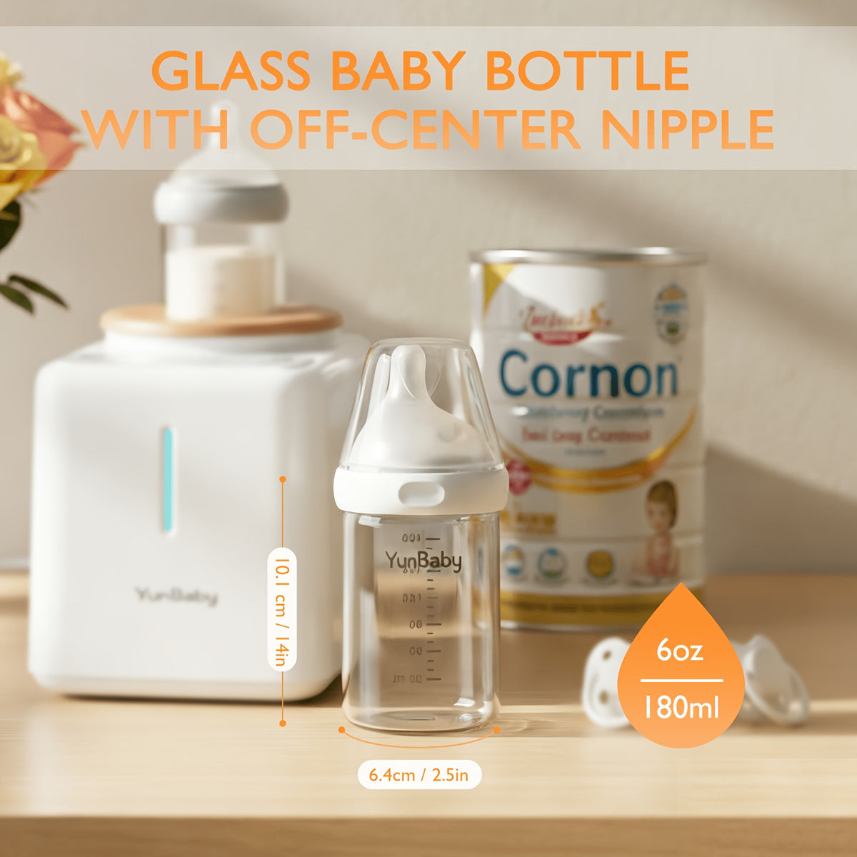 Slow Flow Glass Baby Bottles by YunBaby, 180 mL White Feeding Bottles with Listed Natural Rubber Nipples, Newborn 0+ Label and 1–6 Pack Options