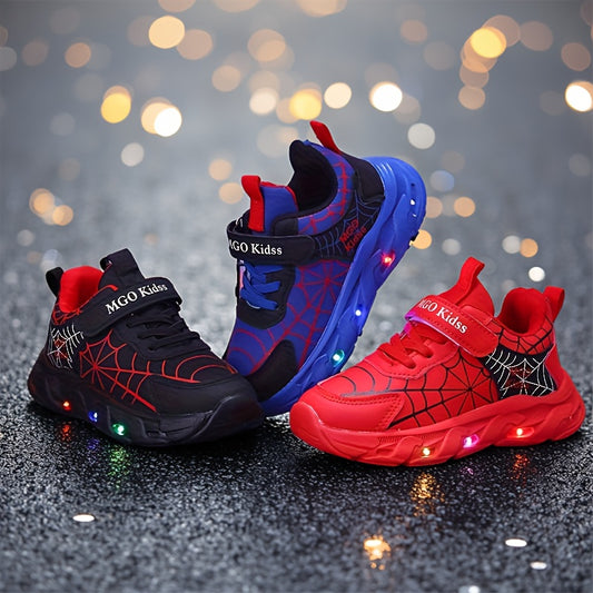 Boys LED Light-Up Mesh Sneakers with Spider-Inspired Design, Red Blue or Black Casual Running Shoes for Toddler, Little Kid and Big Kid Sizes