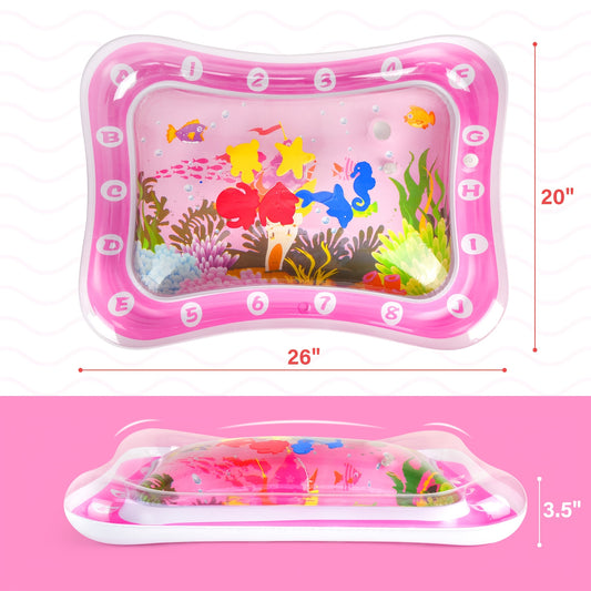 Inflatable Baby Tummy Time Water Mat with Dolphin Ocean Scene and 6 Floating Sea Toys, Sensory Floor Play Activity in Pink or Blue for Supervised Infants