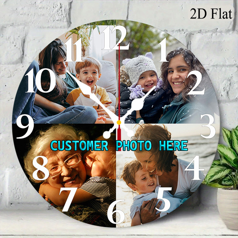 Quartz Photo Wall Clock for Nursery with Personalized Picture Panel, Silent Round 12-Inch Analog Timepiece with Artificial Wood Frame for Room Decor