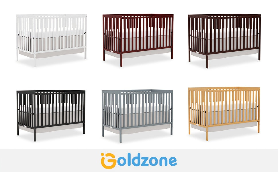 5-in-1 Convertible Crib by Goldzone, New Zealand Pine Wood Baby Crib with 4 Adjustable Mattress Heights, Toddler, Daybed and Full-Bed Options
