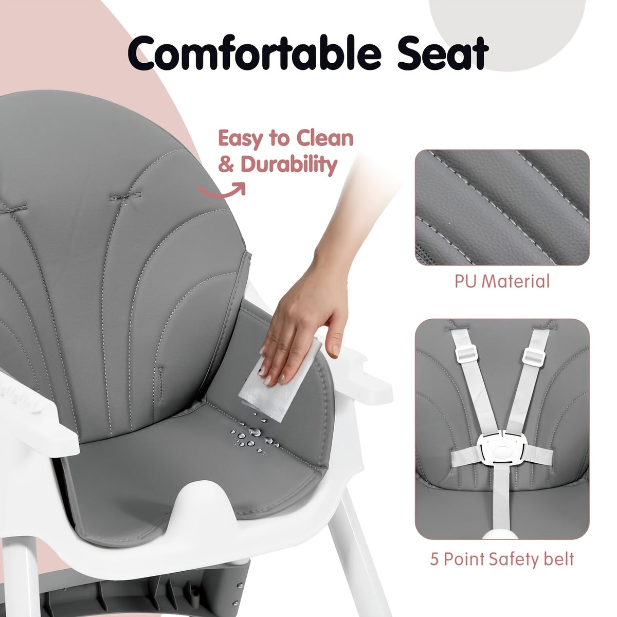 7-in-1 Convertible High Chair by Aprpink, Adjustable Folding Baby Feeding Seat with Dual-Layer Tray, Wipeable PU Cushion and 5-Point Harness