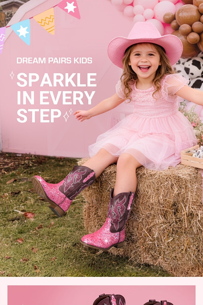 Kids Glitter Cowgirl Boots, Sparkly Western Mid-Calf Pull-On Shoes with Embroidered PU Upper, Round Toe and Easy-Grip Tabs for Girls’ Dance, Dress-Up, Parties & Everyday Play