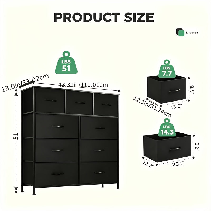 Fabric Drawer Storage Cabinet for Office or Bedroom, Lightweight Wardrobe Organizer with Integrated Slide Rails in Black, Rust or Gray
