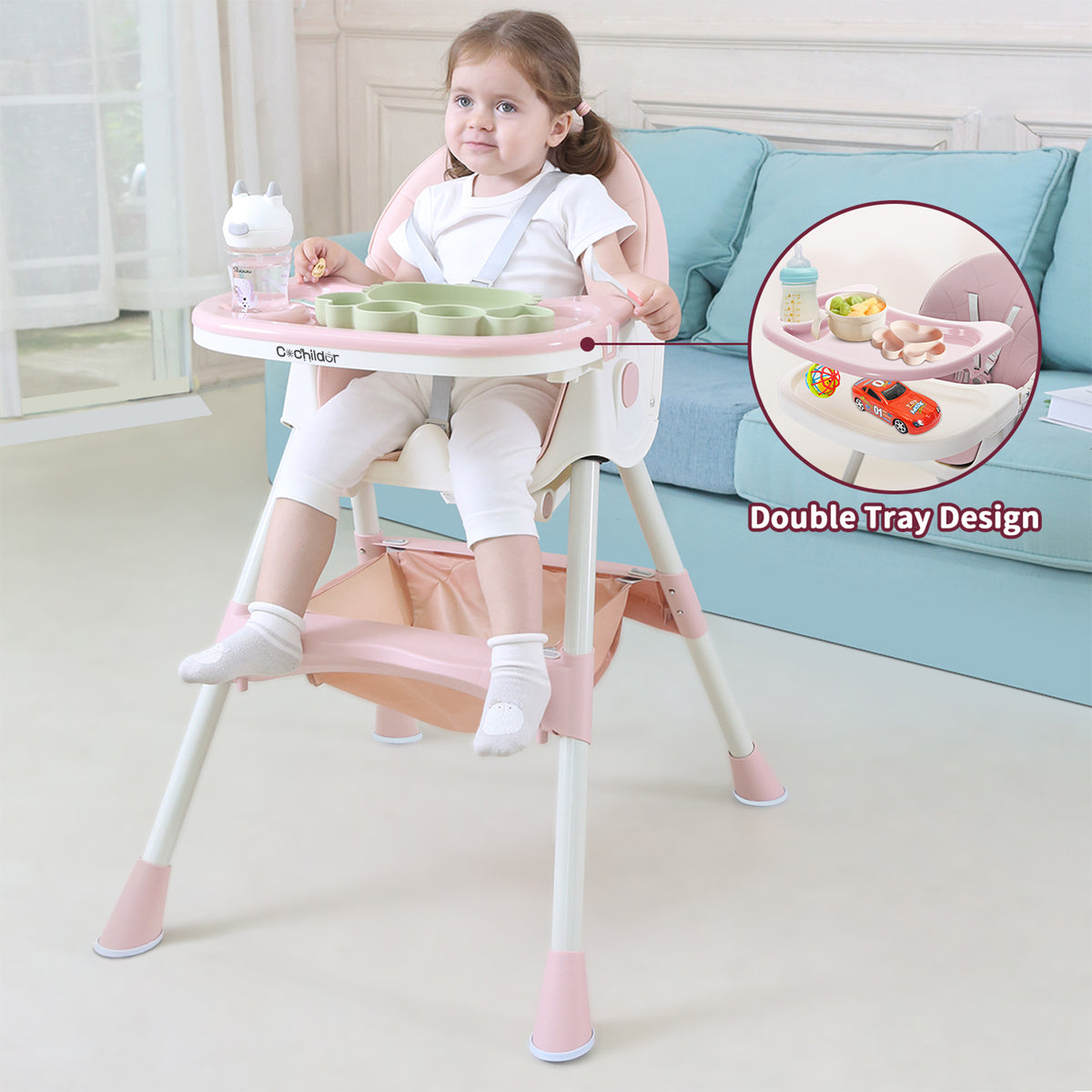 Adjustable Baby Dining Chair with Tray, Convertible Folding High Chair with Multi-Position Backrest and 5-Point Harness for Home Meals and Outings