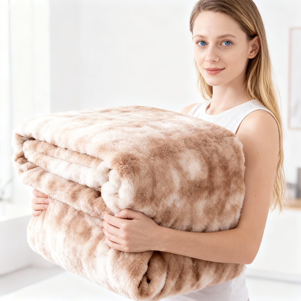 Striped Faux Rabbit Fur Throw Blanket with Flannel Back, Double-Sided Sofa and Bed Cover in Throw, Twin XL, Queen or King Sizes and Multiple Colors