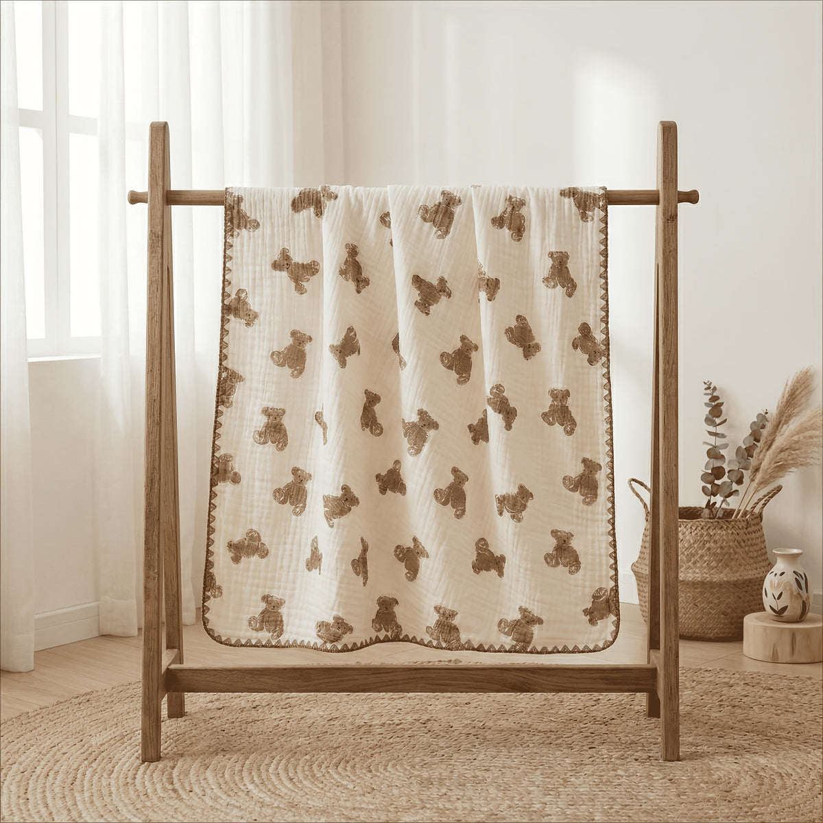 Double-Layer Baby Blanket with Cotton Gauze and Minky Dot Backing, 39.37 x 39.37 Inch Newborn Wrap in Bear, Rabbit and Dinosaur Prints