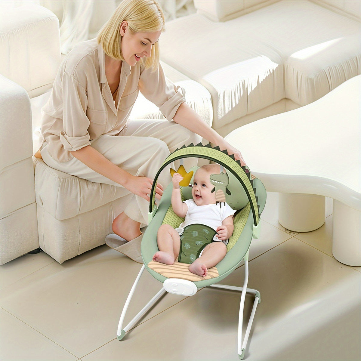 Foldable Infant Bouncer Seat with Hanging Toy Arch, Pink Crown or Green Crocodile Design for Supervised Awake Play, Listed Up to 20 lbs