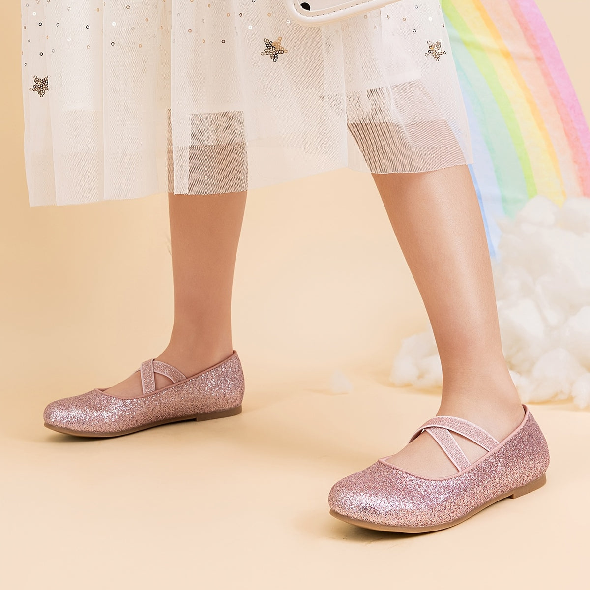 Girls Glitter Ballerina Flats with Crisscross Straps, DREAM PAIRS Mary Jane Dress Shoes in Pink or White for Toddler to Big Kid Weddings and Parties