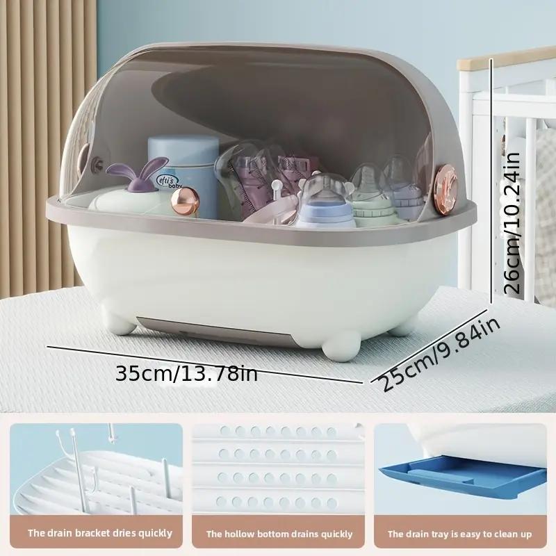Baby Bottle Storage Box with Lid and Removable Drying Rack, Clear Countertop Organizer for Bottles, Nipples and Feeding Utensils in Three Colors