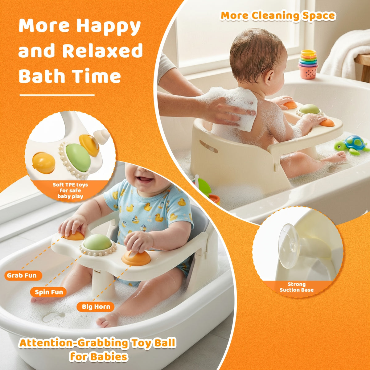 Suction-Cup Toddler Bathtub Seat with Soft Cushion, Non-Slip Baby Bath Chair for Sitting Infants 6 Months and Up During Supervised Bath Time