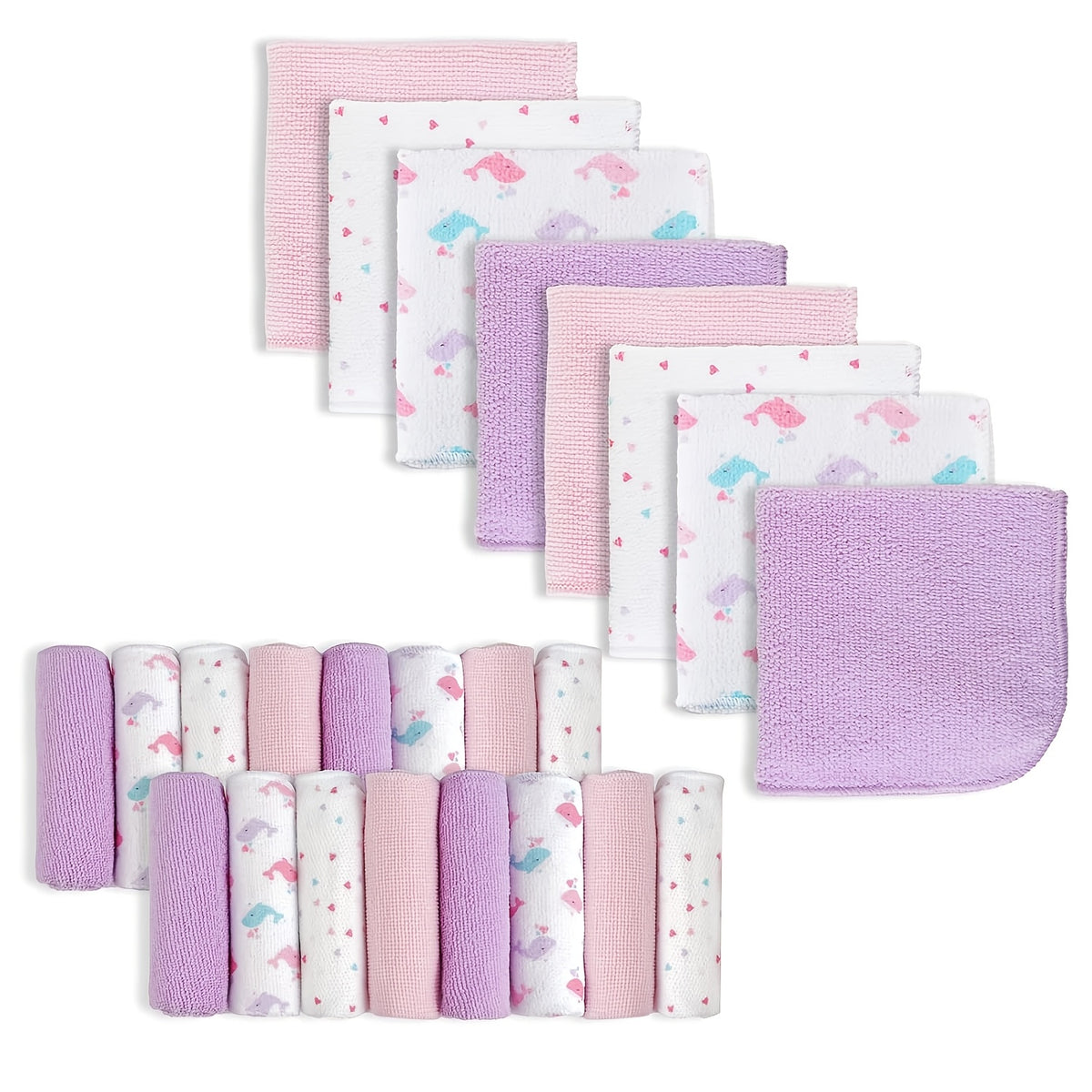 Soft Baby Washcloths 24-Pack, 9 x 9 Inch Absorbent Face and Body Bath Cloths with Whale, Elephant and Dinosaur Style Options for Everyday Care