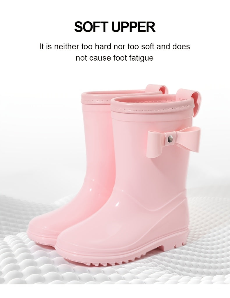 Girls Bow Rain Boots with Pull Tabs, Lightweight One-Piece Molded Toddler and Little Kid Boots in Pink, Burgundy, Dark Violet or Black for Rainy-Day Outings