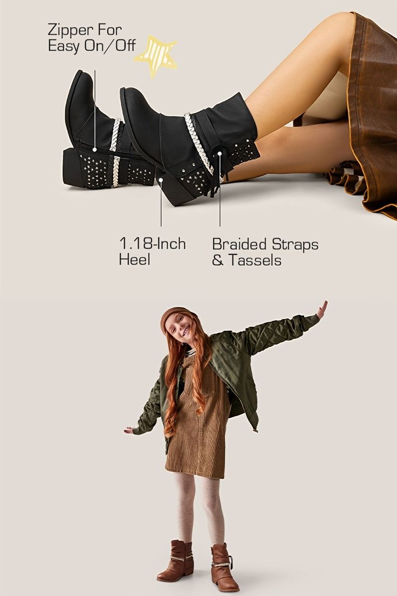 Plaid Side-Zip Ankle Boots for Girls - Stylish Low Heel Boots with Warm Lining, Non-Slip Outsole, Easy On and Off for Little Kid & Big Kid, Perfect for Fall and Winter