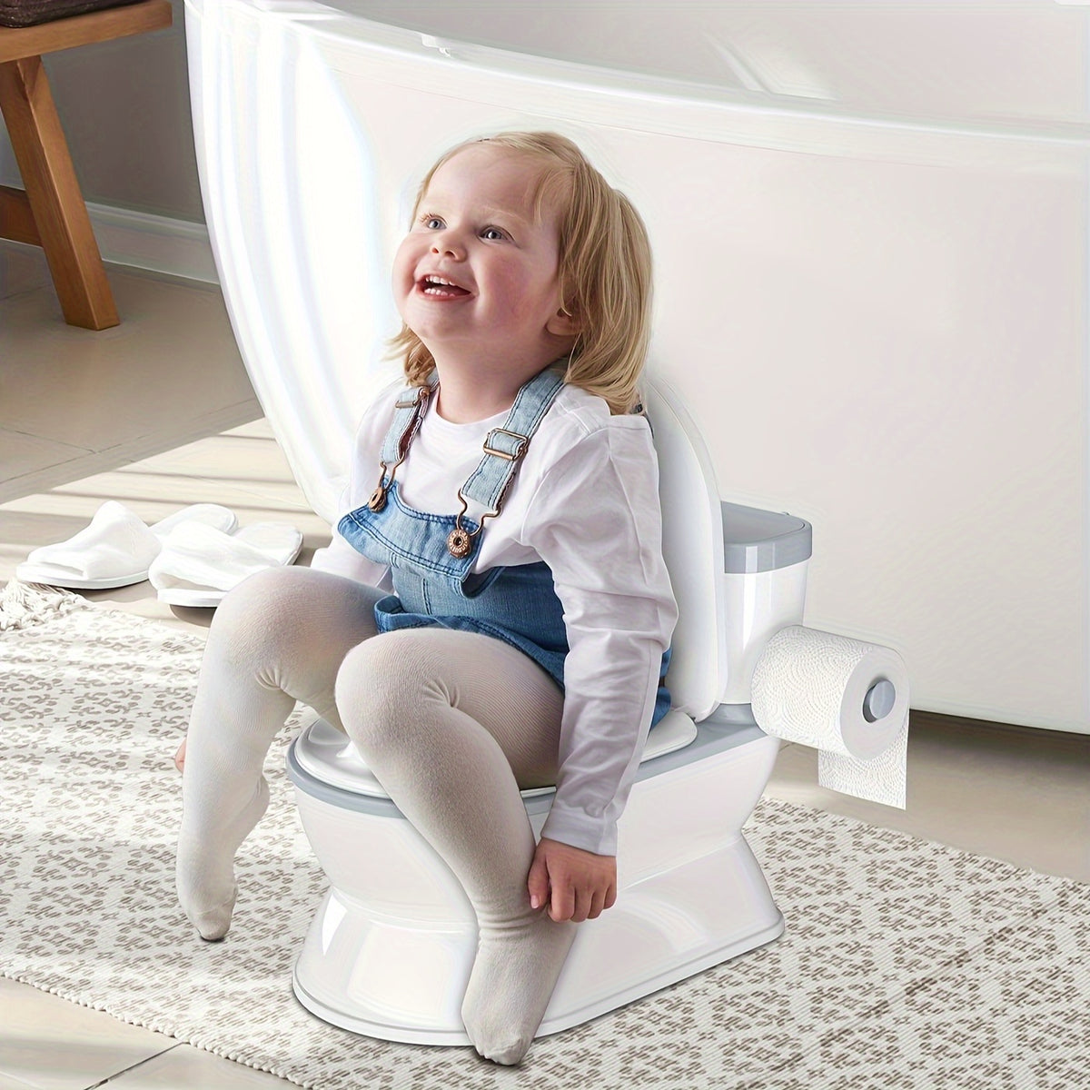 Realistic Flush Sound Potty Training Toilet 2-in-1 with Removable Training Seat, Storage Bin, Flip-Up Lid and Toilet Paper Holder, Self-Contained Kids Bathroom System for Toddlers 1-3 Years, Grey