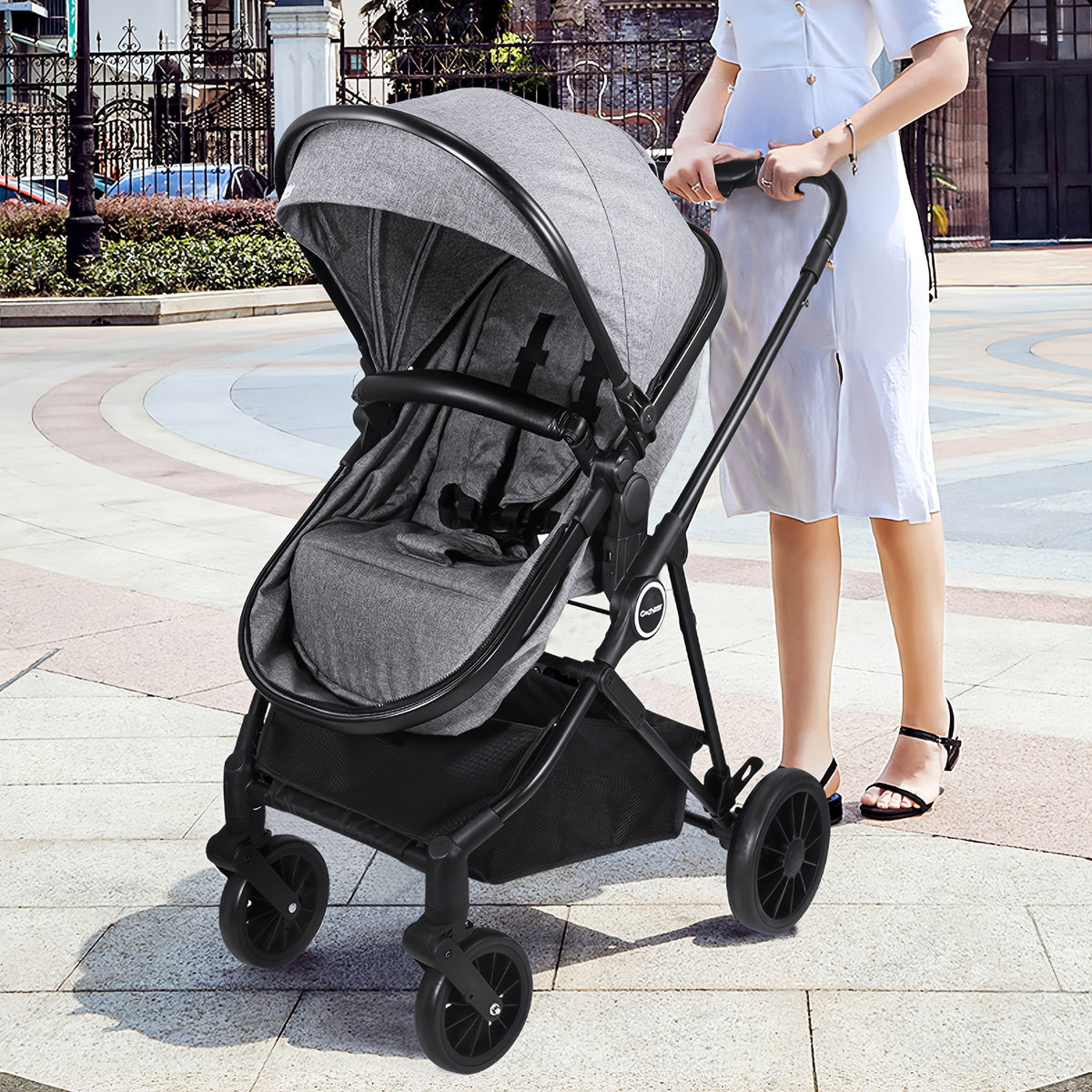 Reversible Baby Stroller with Parent-Facing and World-Facing Modes, Bassinet Configuration, Canopy and Storage Basket for Family Outings